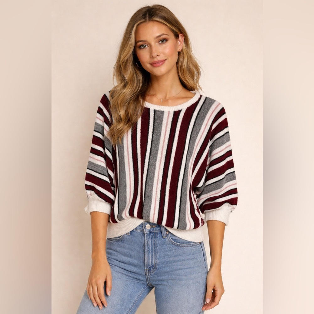 Stylish Striped Crew Neck Sweater - Maroon, Black, and White